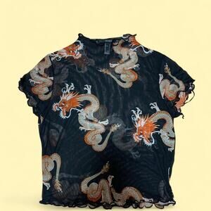 Forever 21 Black Sheer Mesh Top with orange dragon print size large